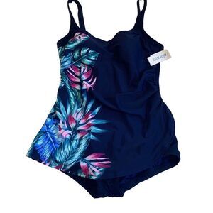 Elemar NWT One-Piece Swimsuit Draped Tropical Full Coverage Tummy Control Navy